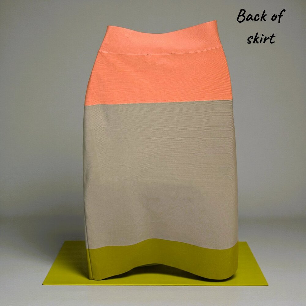 BCBG Max Azria Colorblock Bandage Skirt Bodycon Pencil Stretch Pink Beige Size L - Picture 3 of 6